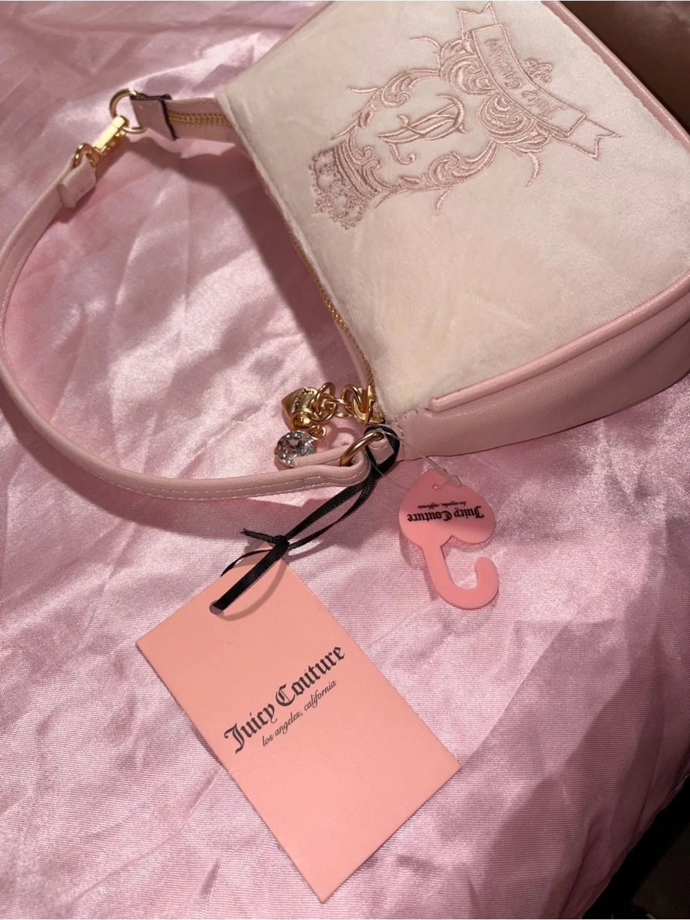 Juicy Couture Cream & Pink Velour Crest Shoulder Bag — WITH TAGS